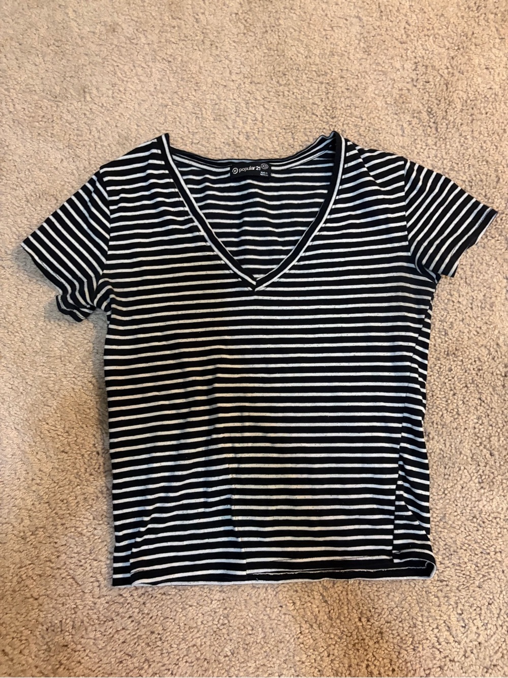 V-Neck Black and White Stripe Short Sleeve Tee - Picture 1 of 3